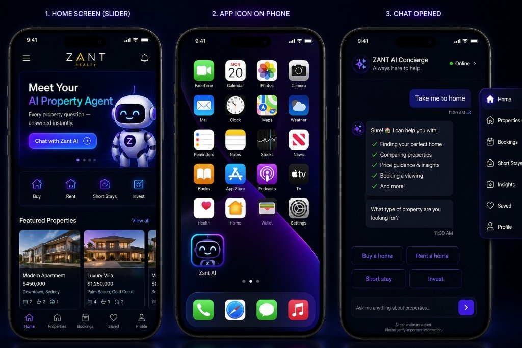 Zant AI App — Home Screen, App Icon and Chat Experience